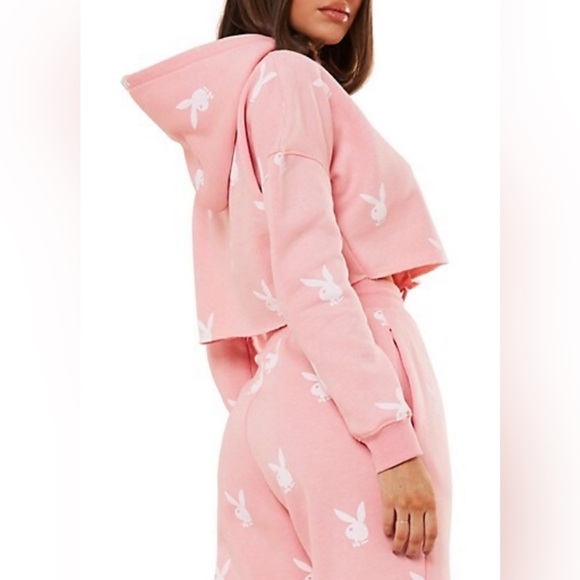 MISSGUIDED - PLAYBOY - Cropped Pink & White Hoodie - Picture 7 of 9